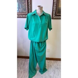 Vintage 60s Two Piece Pants Set Green Polyester Wide Leg Pants Size XL
